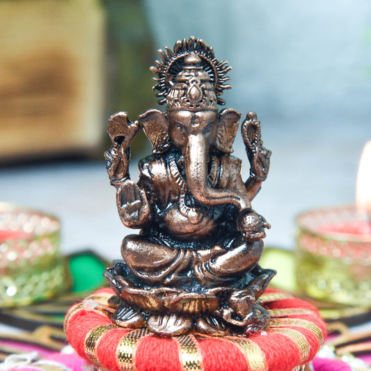 Copper Idols India - By Bhimonee Decor | 2.2-Inch Handmade Copper Ganesha Idol | 110g Patina Antique Finish | Hindu Puja Murti for Home & Temple | Pack of 1