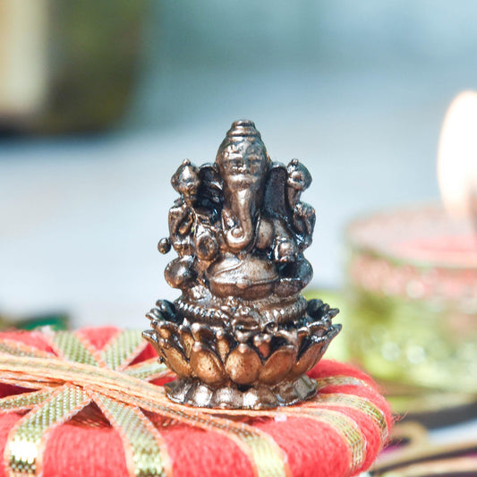 Copper Idols India Handmade Copper Lotus Ganesha Idol | 1.2 Inch | Patina Antique Finish