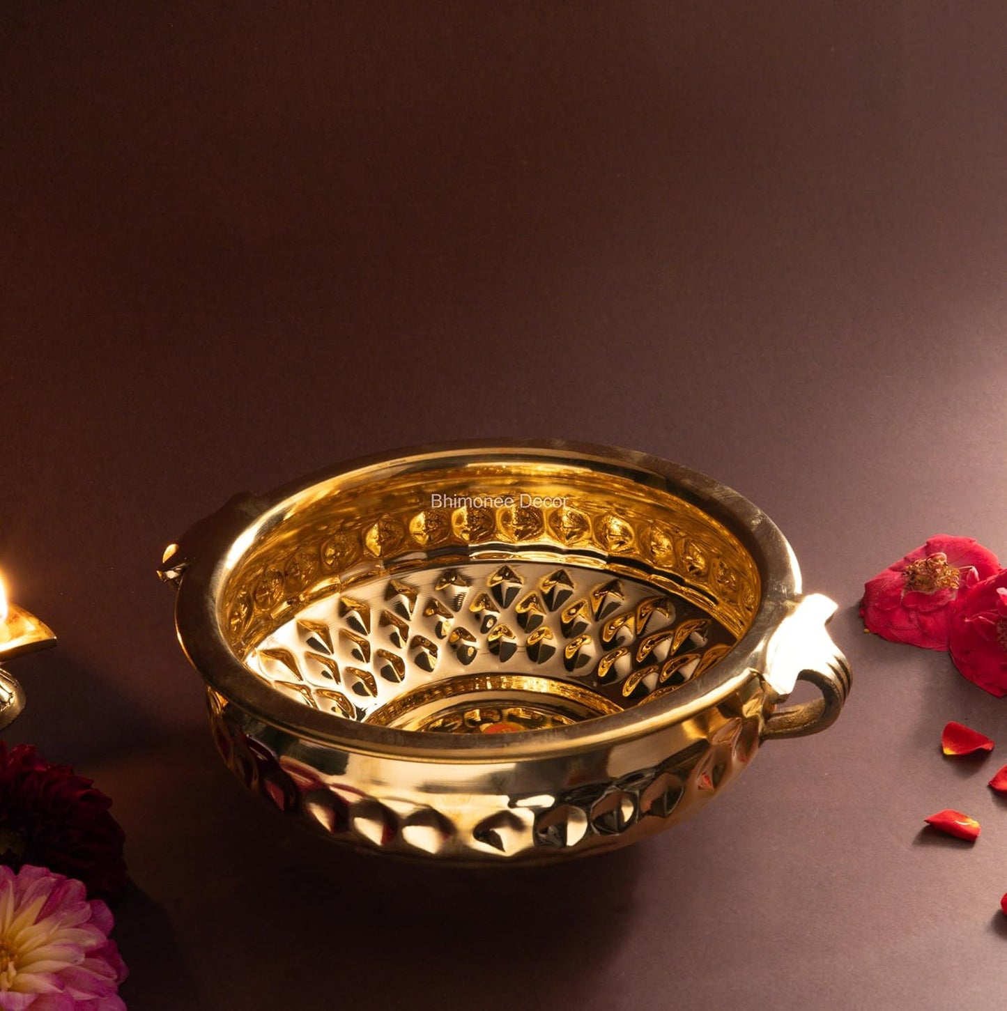 Bhimonee Decor Diamond Carving Urali Bowl 8" | 470 gm Decorative Brass Bowl & Platter | Home Decor, Pooja & Gifting | Brass | Gold