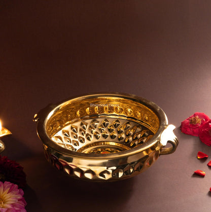 Bhimonee Decor Diamond Carving Urali Bowl 8" | 470 gm Decorative Brass Bowl & Platter | Home Decor, Pooja & Gifting | Brass | Gold