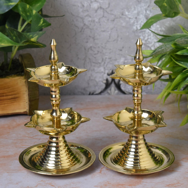 Bhimonee Decor  Pure Brass Kerala 2-Step Heavy Diya | 6 Inch | Traditional Oil Lamp (Pair)