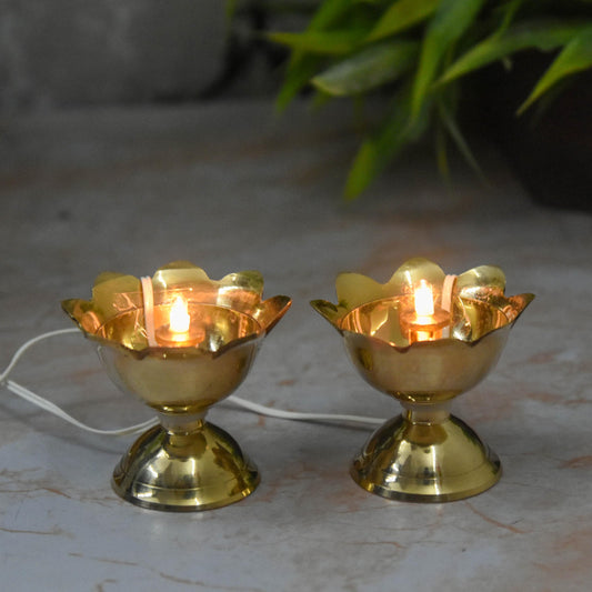 Bhimonee Decor Pure Brass LED Lotus Diya | Electric Deepak with Bulb Light for Home Temple Pooja & Festive Decor | Traditional Spiritual Lamp | 1.75 Inches, 100gm