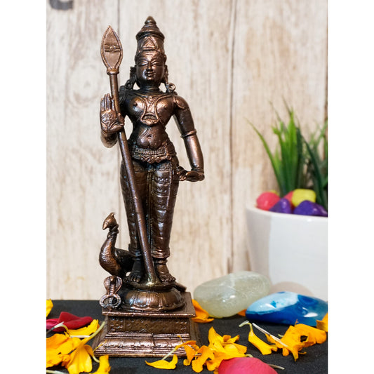 Bhimonee Decor | Handmade Copper Kartikeya Murugan Idol with Peacock | 6-Inch Hindu God Statue | Patina Antique Finish | 550g | Home Temple & Pooja Room Décor | 1 Pc