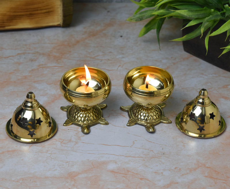 Bhimonee Decor Pure Brass Tortoise Covering Akhand Nanda Diya, 4 inches, Brass Colour, Pack of 1 Pair