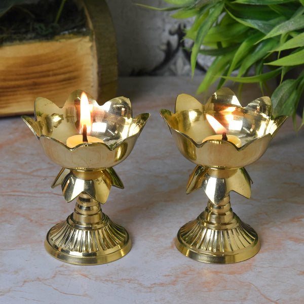 Bhimonee Decor  Pure Brass Kamal Akhand Nanda Diya – Traditional Oil Lamp for Pooja & Home Temple (3.25 Inches, Pack of 2)