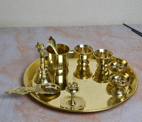 Bhimonee Decor  Brass Pooja Thali Set | 10-Inch Floral Design Plate with 2 Diyas, 2 Kumkum Bowls, Agarbatti Stand, Panchpatra with Spoon, Kapoor Aarti & Bell | 800 gm