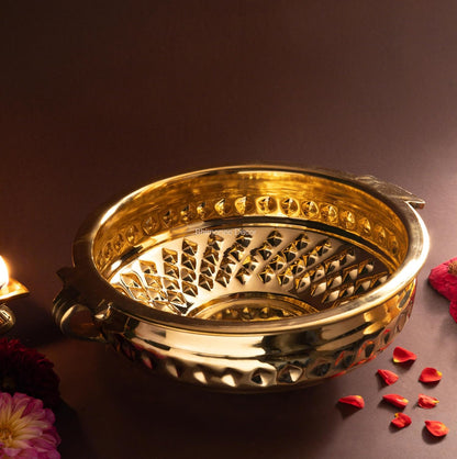 Bhimonee Decor Diamond Carving Urali Bowl 10" | 740 gm Decorative Brass Bowl & Platter | Home Decor, Pooja & Gifting | Brass | Gold