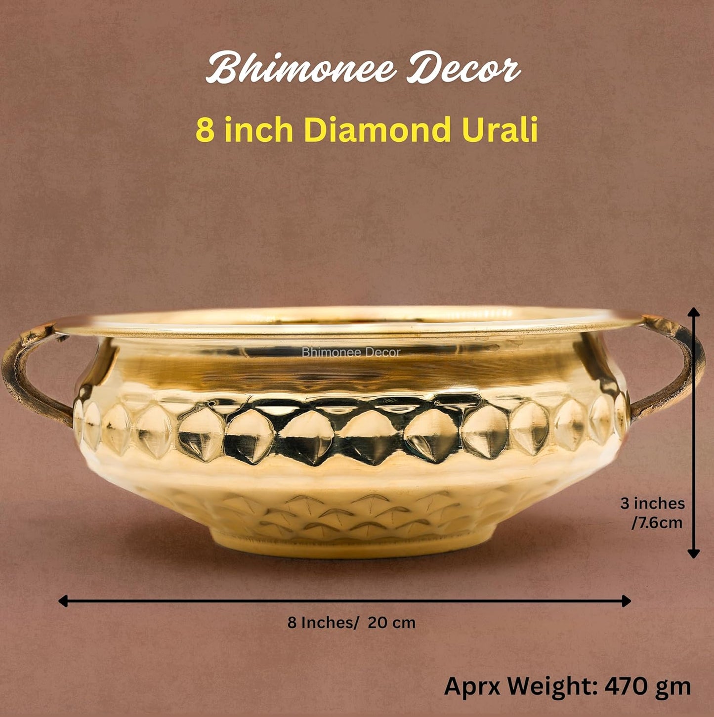 Bhimonee Decor Diamond Carving Urali Bowl 8" | 470 gm Decorative Brass Bowl & Platter | Home Decor, Pooja & Gifting | Brass | Gold