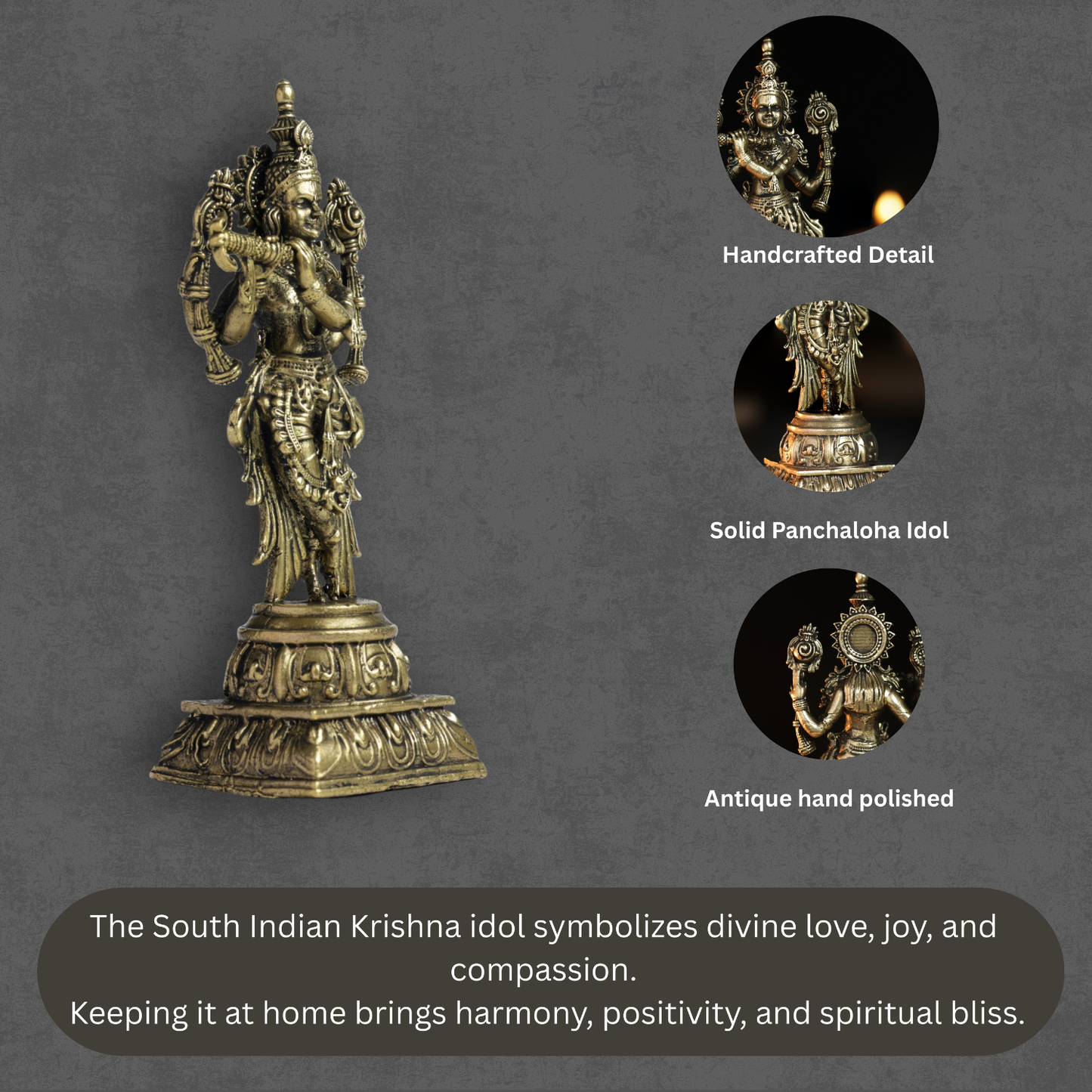 Bhimonee Decor 150 gm South Krishna Panchloha Idol | Size 9 × 3 × 3 CM | Handcrafted Traditional Divine Statue for Home & Temple Décor