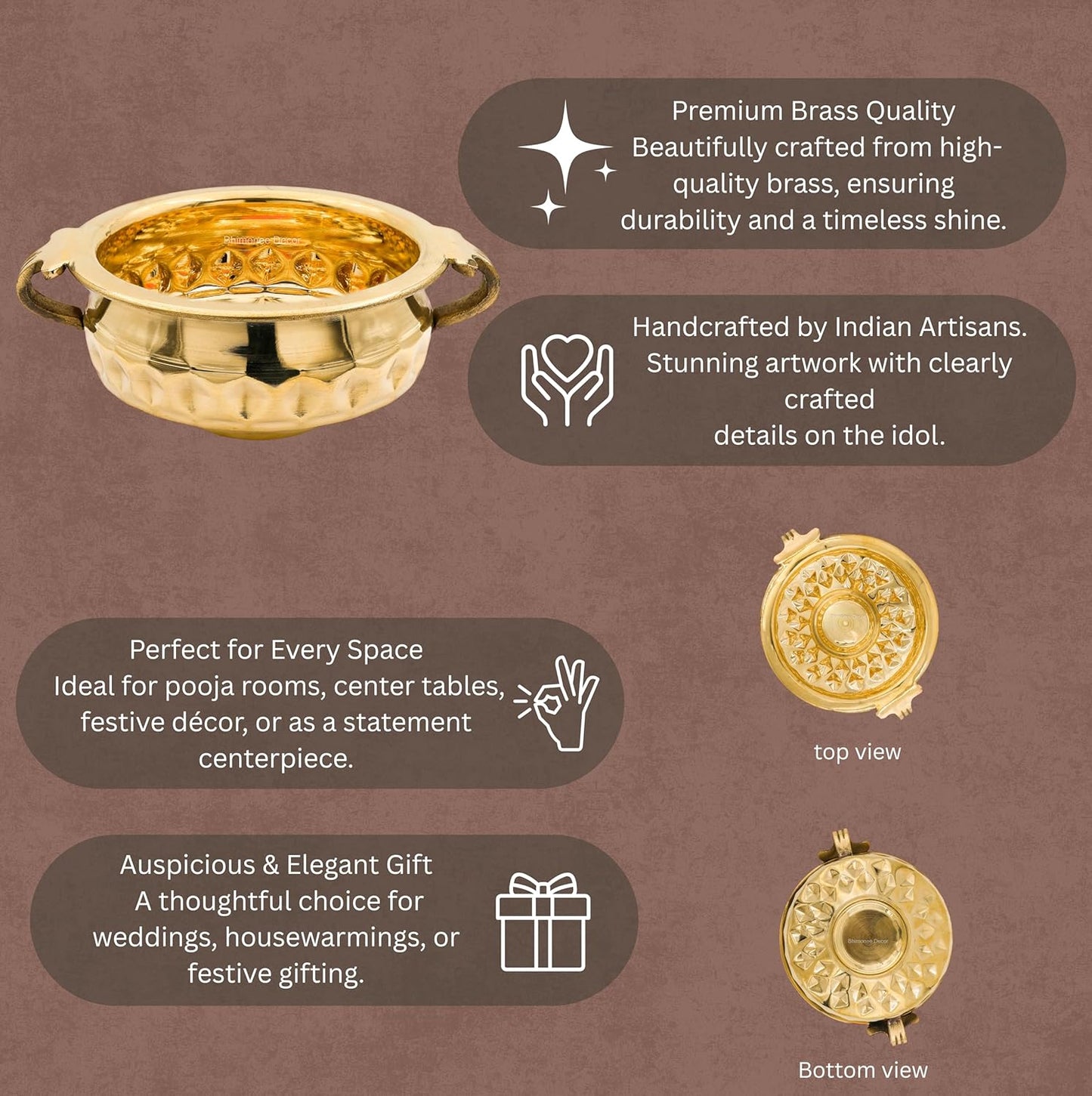 Bhimonee Decor Diamond Carving Urali Thali 6" | 320 gm Decorative Brass Bowl & Platter | Home Decor, Pooja & Gifting | Brass | Gold