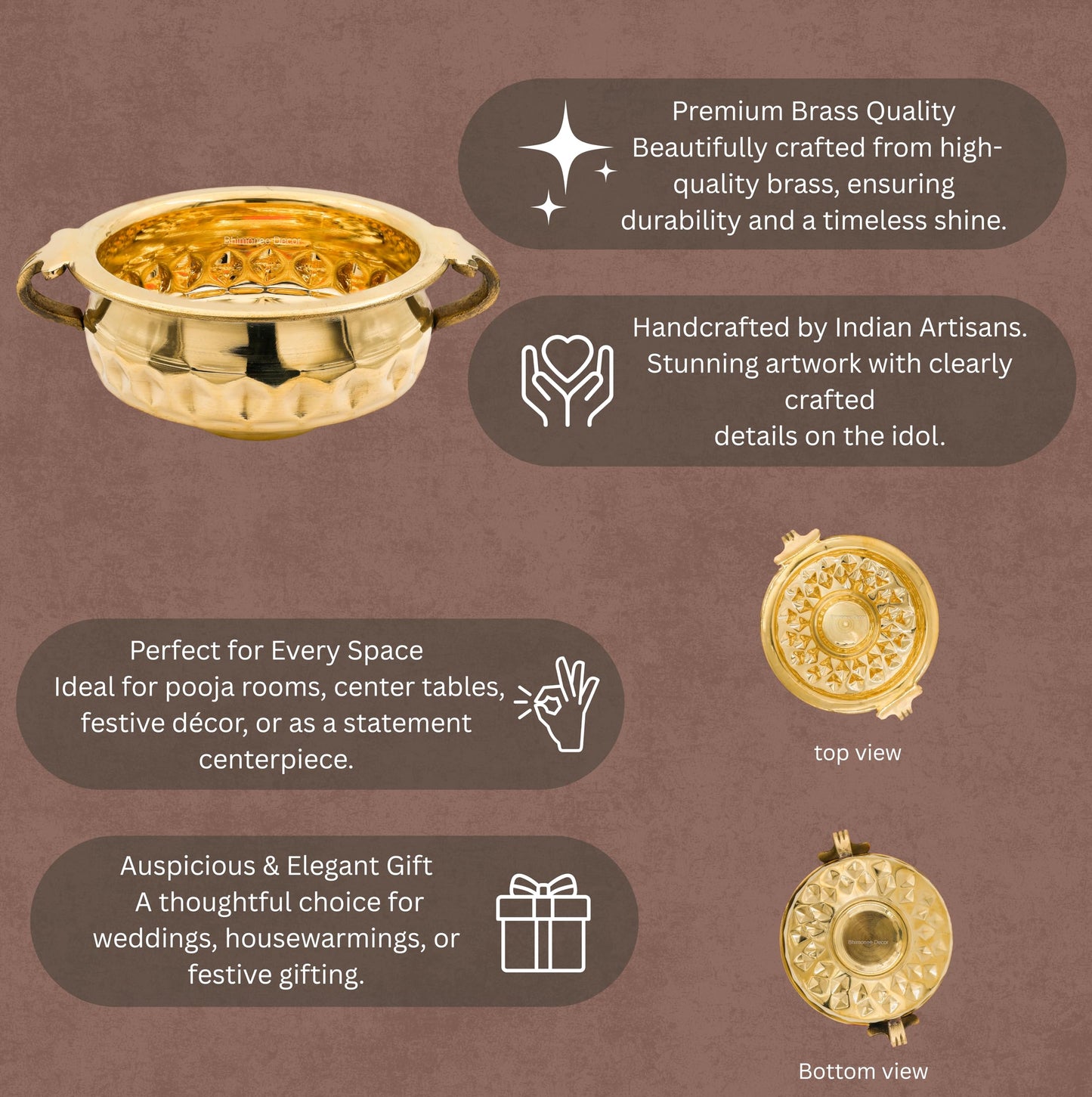 Bhimonee Decor Diamond Carving Urali Thali 6" | 320 gm Decorative Brass Bowl & Platter | Home Decor, Pooja & Gifting | Brass | Gold