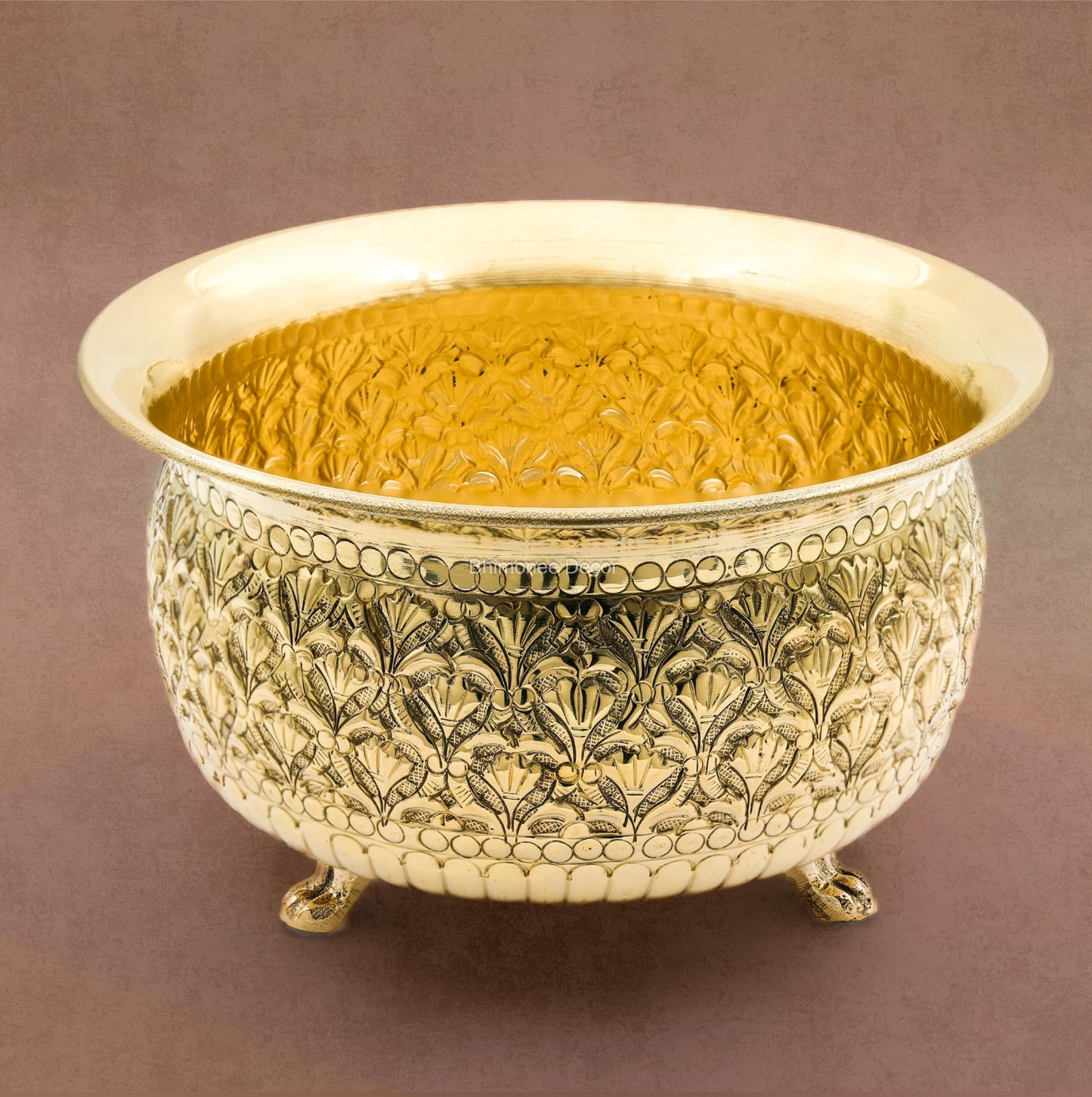 Bhimonee Decor Carving Bowl 6" | 430 gm Decorative Brass Bowl with Stand | Home Decor, Pooja & Gifting | Brass | Gold