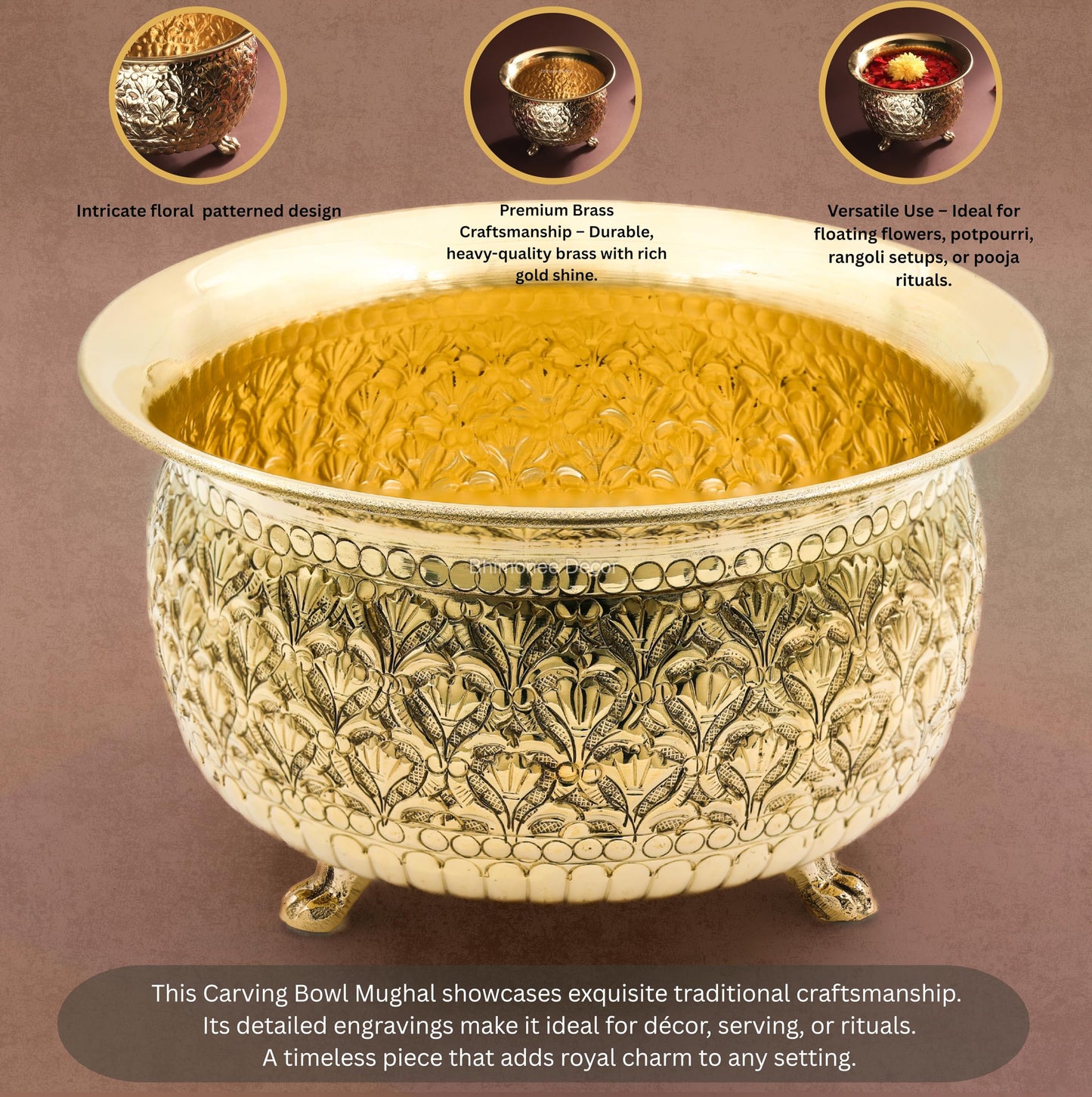 Bhimonee Decor Carving Bowl 6" | 430 gm Decorative Brass Bowl with Stand | Home Decor, Pooja & Gifting | Brass | Gold