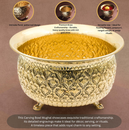 Bhimonee Decor Carving Bowl 6" | 430 gm Decorative Brass Bowl with Stand | Home Decor, Pooja & Gifting | Brass | Gold