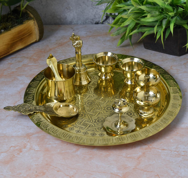 Bhimonee Decor  Pooja Thali Set | 11-Inch Brass Plate with 2 Diyas, Kumkum Bowls, Agarbatti Stand, Panchpatra, Kapoor Aarti & Bell | Traditional Hindu Puja Samagri Set (775g)