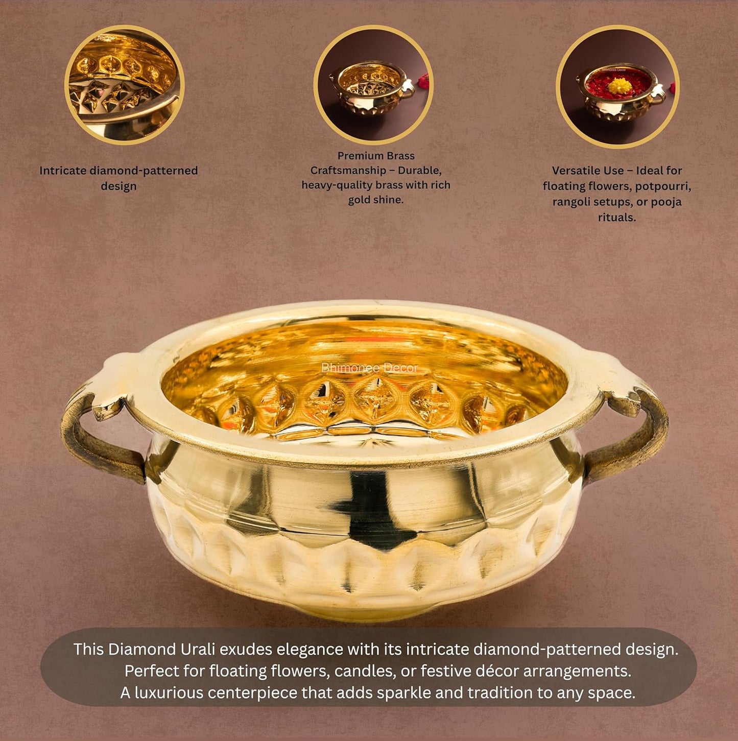 Bhimonee Decor Diamond Carving Urali Thali 6" | 320 gm Decorative Brass Bowl & Platter | Home Decor, Pooja & Gifting | Brass | Gold