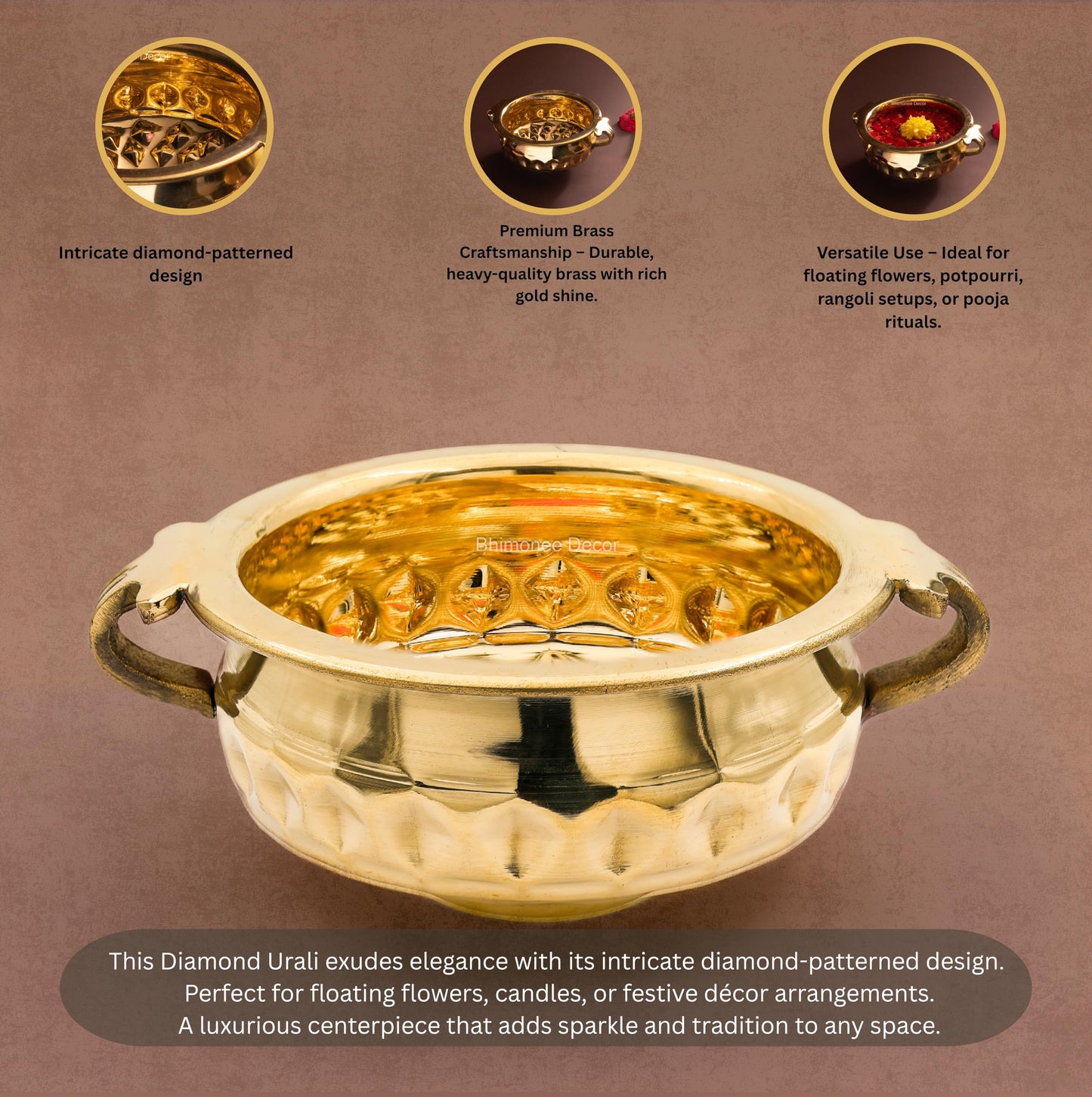 Bhimonee Decor Diamond Carving Urali Thali 6" | 320 gm Decorative Brass Bowl & Platter | Home Decor, Pooja & Gifting | Brass | Gold