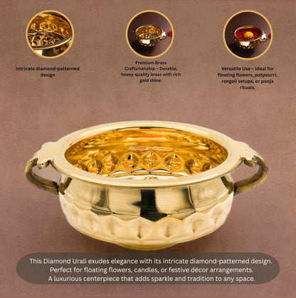 Bhimonee Decor Diamond Carving Urali Thali 6" | 320 gm Decorative Brass Bowl & Platter | Home Decor, Pooja & Gifting | Brass | Gold