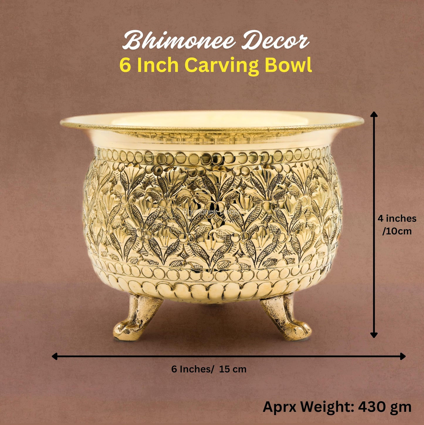 Bhimonee Decor Carving Bowl 6" | 430 gm Decorative Brass Bowl with Stand | Home Decor, Pooja & Gifting | Brass | Gold