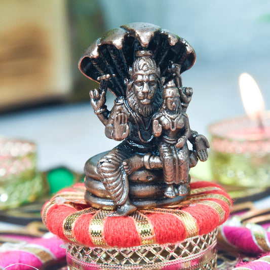 Copper Idols India - By Bhimonee Decor | 2-Inch Handmade Copper Lakshmi Narasimha Idol with Snake | 120g Patina Antique Finish | Hindu Puja & Home Temple Decor | Pack of 1