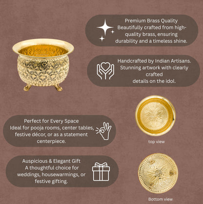 Bhimonee Decor Carving Bowl 6" | 430 gm Decorative Brass Bowl with Stand | Home Decor, Pooja & Gifting | Brass | Gold