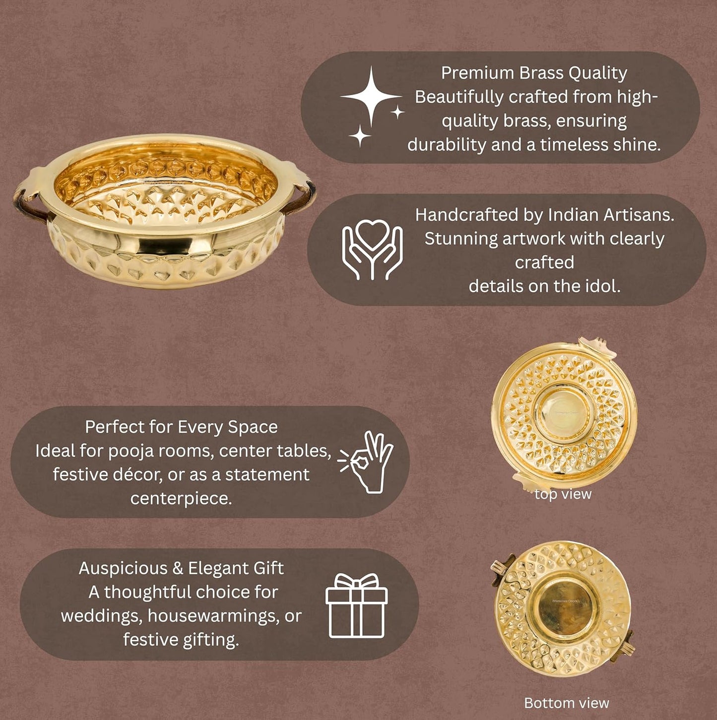 Bhimonee Decor Diamond Carving Urali Bowl 8" | 470 gm Decorative Brass Bowl & Platter | Home Decor, Pooja & Gifting | Brass | Gold