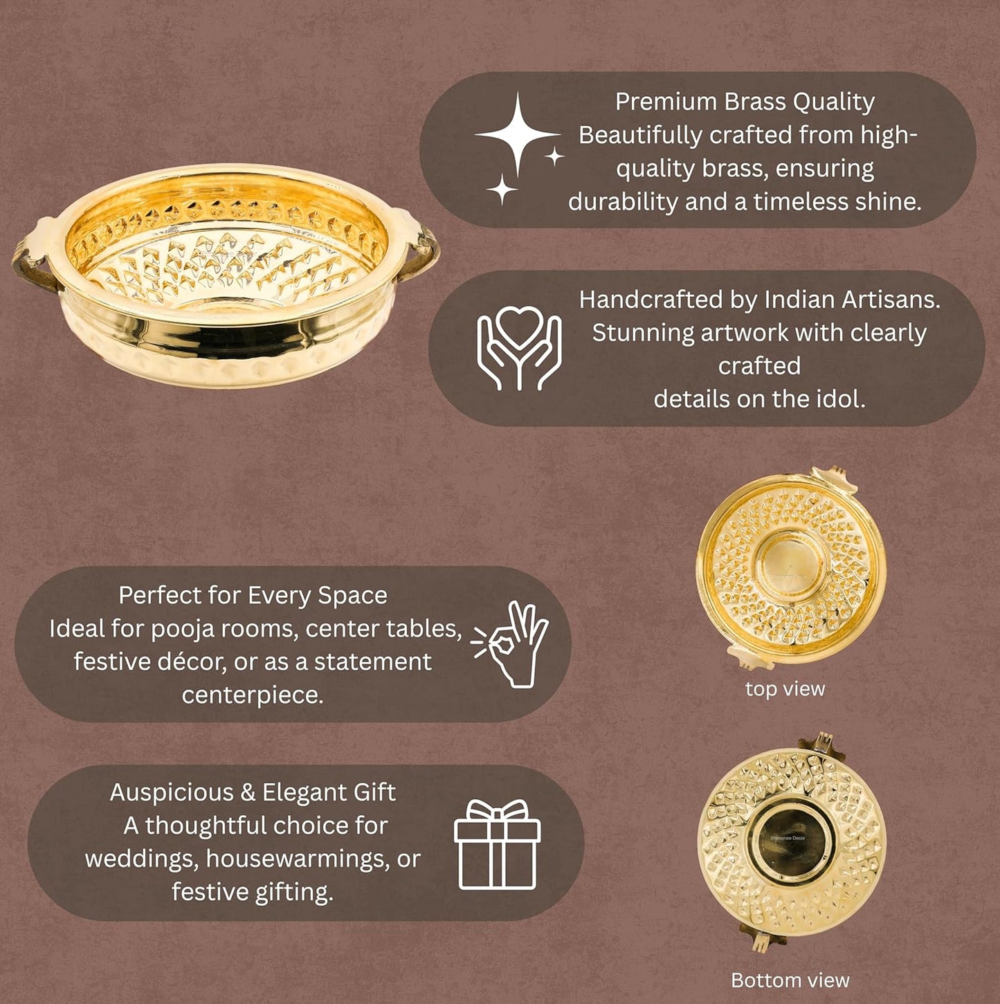 Bhimonee Decor Diamond Carving Urali Bowl 10" | 740 gm Decorative Brass Bowl & Platter | Home Decor, Pooja & Gifting | Brass | Gold