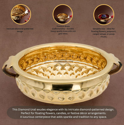 Bhimonee Decor Diamond Carving Urali Bowl 8" | 470 gm Decorative Brass Bowl & Platter | Home Decor, Pooja & Gifting | Brass | Gold