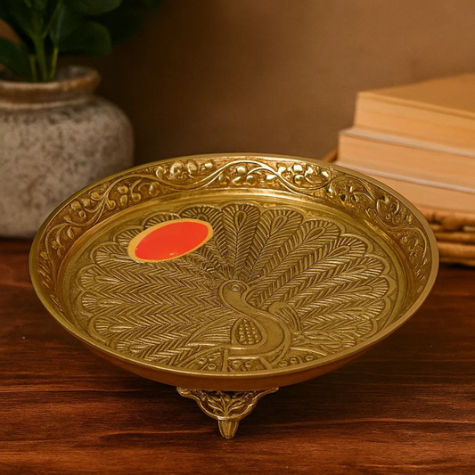 Bhimonee Decor Peacock Design Pin Tray, Pooja Thali for Home Decor, 1.4 inches, 160 gm