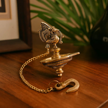 Bhimonee Decor Handmade Ethnic Peacock Design 1 Oil Wick Brass Hanging Diya, Brass Diyas for Decoration, Medium, Pack of 1, Hanging Decorative Items