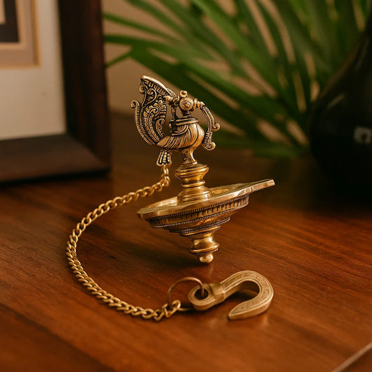 Bhimonee Decor Handmade Ethnic Peacock Design 1 Oil Wick Brass Hanging Diya, Brass Diyas for Decoration, Medium, Pack of 1, Hanging Decorative Items