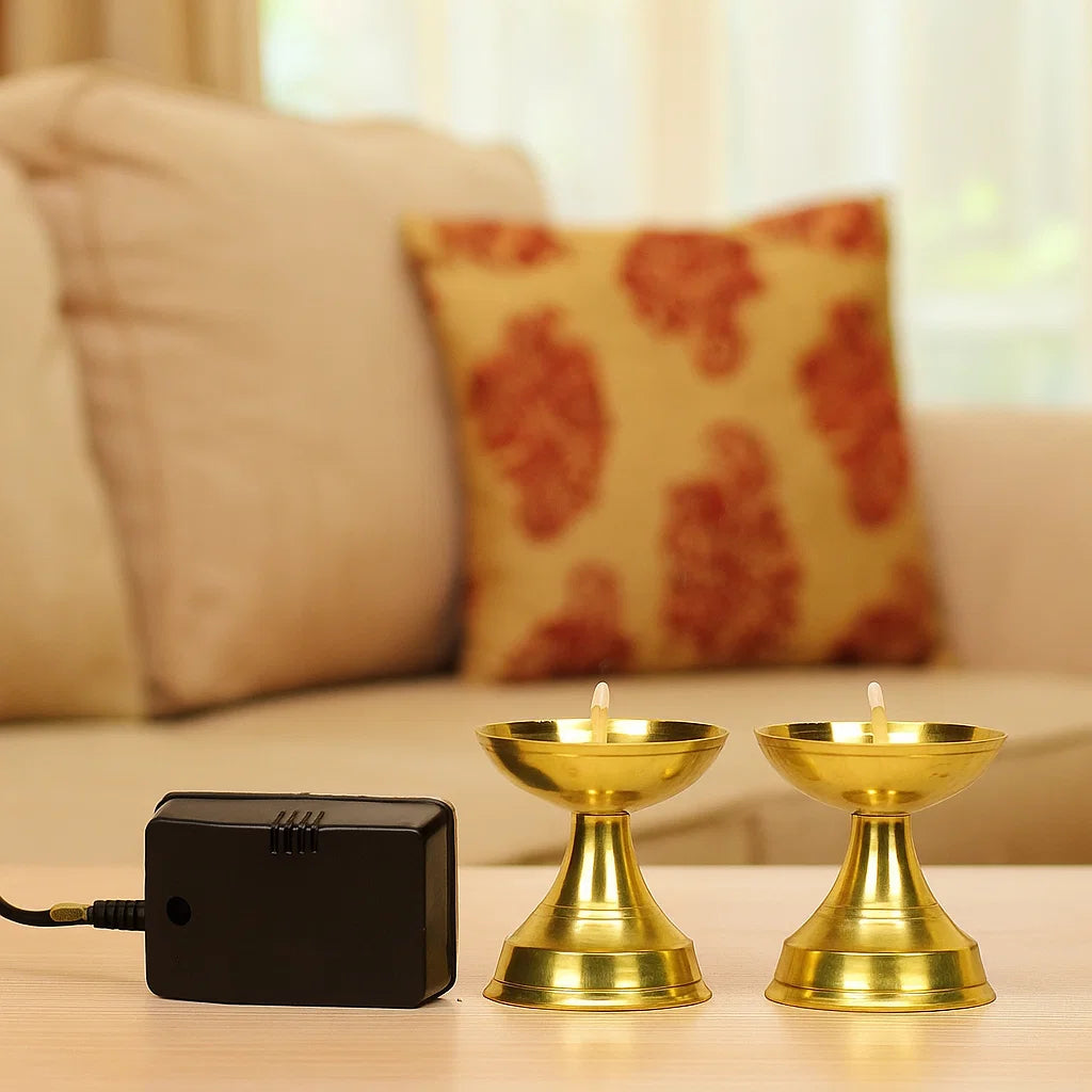 Modern Centre Pure Brass Electric Gold Bulb Lights Diya Deep Deepak for Pooja Puja Mandir Diwali Festival Decoration