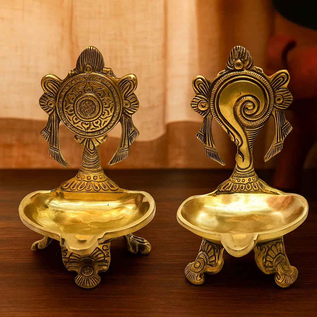 Printology Modern Gift Centre metal Pure Brass shanku Chakra Table Diya for Pooja