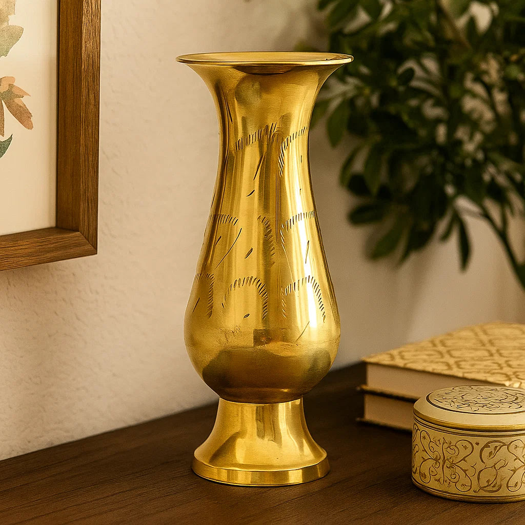 Bhimonee Decor Brass Decorative Flower Vase for Living Room | Made of Brass 6 inch Long Vase | Hand Carved Bidri Work Flower vase Brass | Ideal Diwali Gifts for Family and Friends