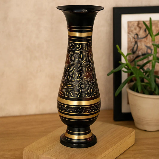 Bhimonee Decor Pure Brass Double Colour Bidri Work Flower Vase 10"