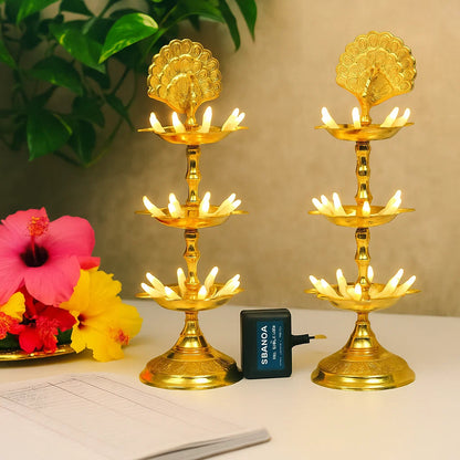 Modern Gift Centre Pure Brass 3 Step Electric Gold Bulb Lights Diya | Deep | Deepak for Pooja | Puja | Mandir | Diwali Festival Decoration | Pair | with Golden Polish for no Colour Fading