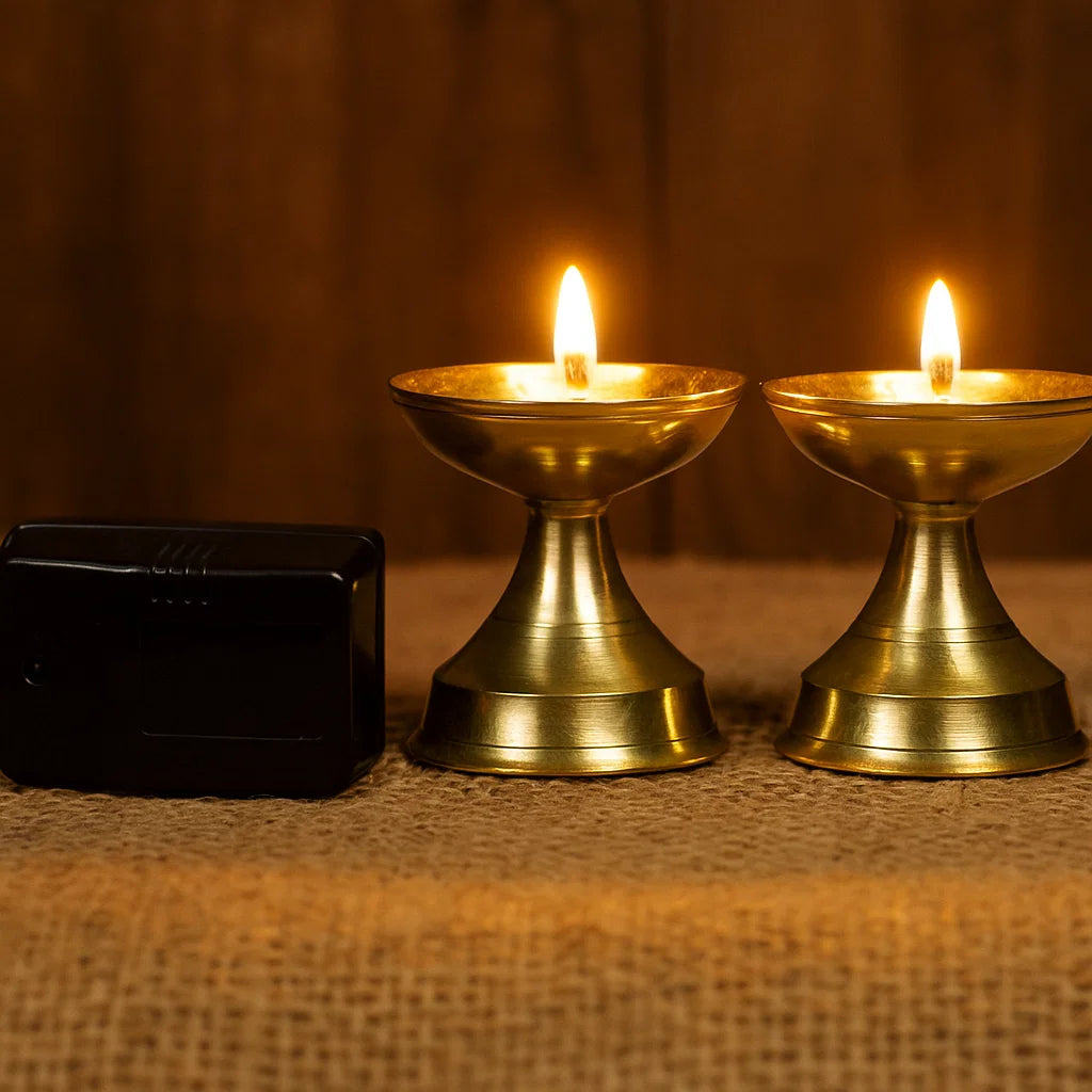 Bhimonee Decor Pure Brass Neeranjan Electric Gold Bulb Lights Diya | Deep | Deepak for Pooja | Puja | Mandir | Diwali Festival Decoration | Pair