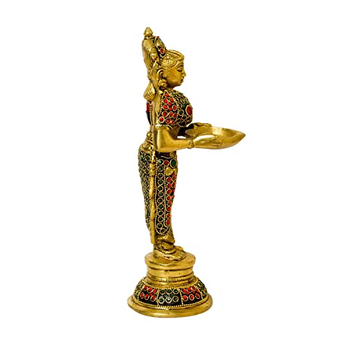 Brass Stone Work Lady with Diya, 9 inches Bhimonee