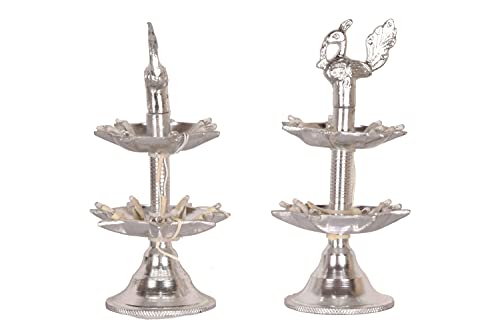 Bhimonee Decor White Metal 7 inches Silver Colour 2 Step Electric Bulb Lights Diya|Deep|Deepak for Pooja|Puja|Mandir| Diwali Festival Decoration||Pair||