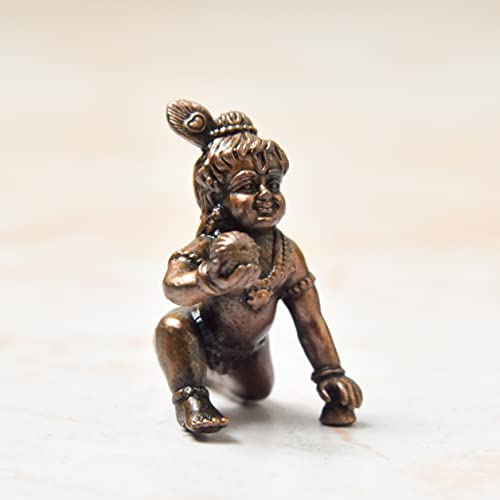 Copper Idols India - By Bhimonee Decor , 1.5 inches, Handmade Copper Bal Krishna Idol, 30 Grams , Patina Antique Finish , Pack of 1 Piece