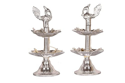 Bhimonee Decor White Metal 7 inches Silver Colour 2 Step Electric Bulb Lights Diya|Deep|Deepak for Pooja|Puja|Mandir| Diwali Festival Decoration||Pair||