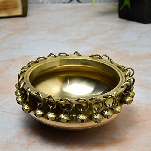 Bhimonee Decor Pure Brass Urli Ethnic Traditional Bowl with Bells, 6 inches Diameter, Brass Antique Finish, 1 Piece