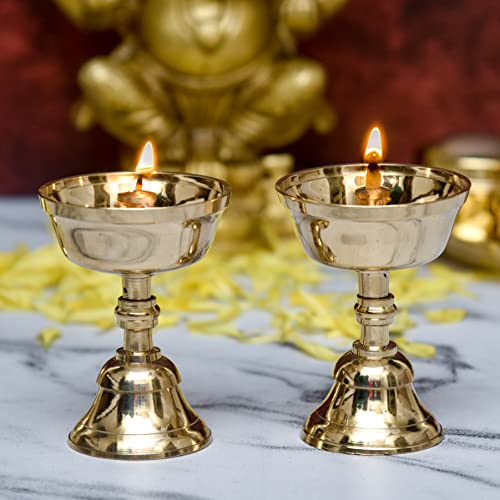 Bhimonee Decor Pure Brass Akhand Jyothi | Pyali Stand | Nanda Table Diya, 3.2 inches Big, Brass, Pack of 2 pcs