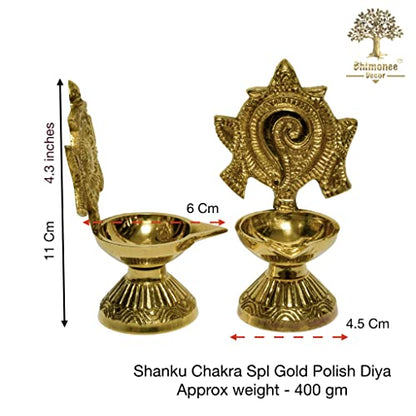 Bhimonee Decor Pure Brass Shanku Chakra Diya, 4.3 inches, Gold Polish, Pack of 1 Pair