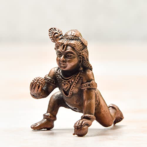 Copper Idols India - By Bhimonee Decor , 1.75 inches, Handmade Copper Bal Krishna Idol, 50 Grams , Patina Antique Finish , Pack of 1 Piece