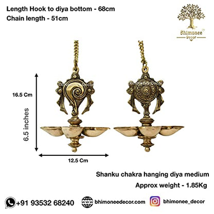 Bhimonee Decor by Modern Gift Centre Pure Brass shanku Chakra Diya|Deep|Deepak Hanging 5 Wicks Medium Size for Pooja|Puja|Mandir| Diwali Festival Decoration|