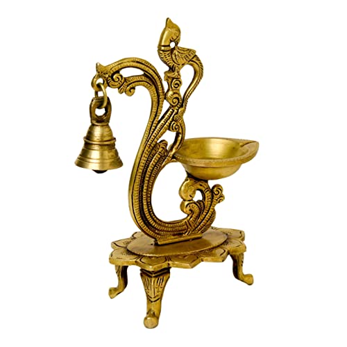 Bhimonee Decor Pure Brass Table Diya with Bell, 8.25 inches, 1 Wicks, 650 gm, Pack of 1 pcs