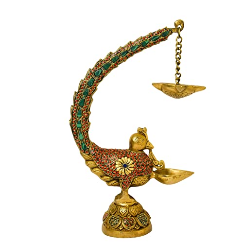  Stone Work Peacock Design Brass Hanging Diya India