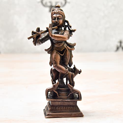 Copper Idols India - By Bhimonee Decor , 4 inches, Handmade Copper Cow Krishna Idol, 210 Grams , Patina Antique Finish , Pack of 1 Piece