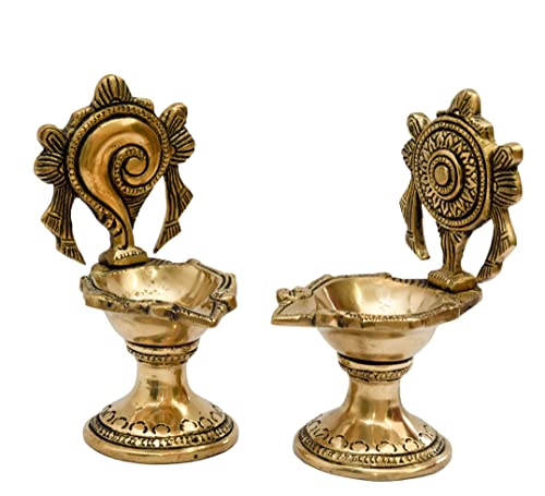 Bhimonee Decor Pure Brass Shanku Chakra Long Table Diya, 6 inches Big Size, Brass, Pack of 1 Pair